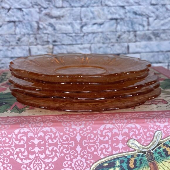 Jeanette Glass Vintage Saucer Plates Set of 5 Depression Glass Cherry Blossom - Picture 6 of 6